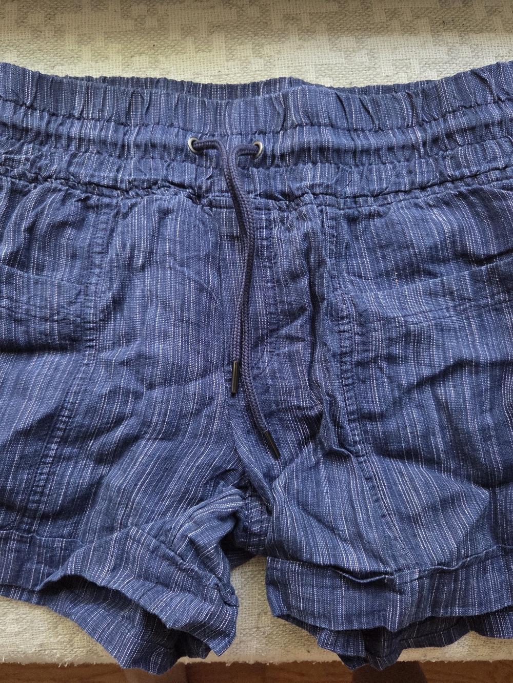 Athleta Navy Pinstripe Drawstring Linen Athletic Shorts